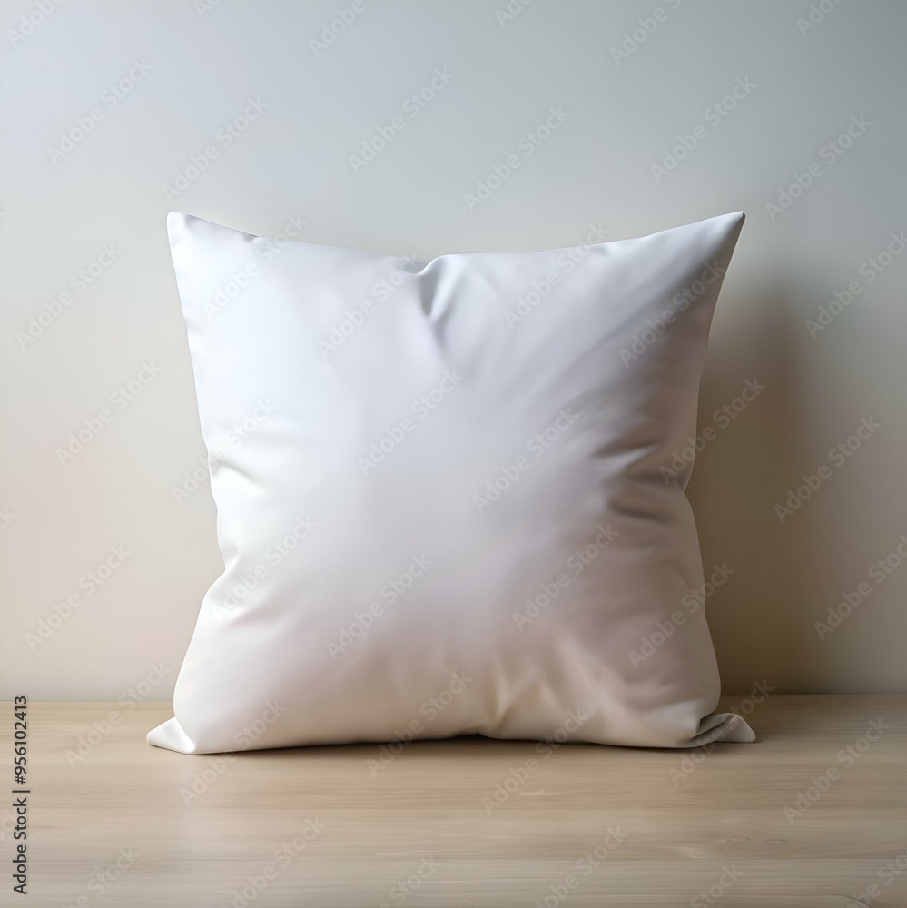 Poster a pristine white pillow rests on a light wood surface. ready to be customized or used as a simple. e