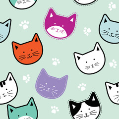 seamless pattern of cat head face cute , vector illustration