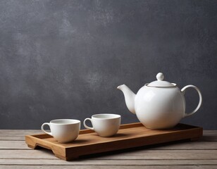 Fototapeta premium Closeup on ceramic teapot and cup with saucer on wooden tray on grey textured wall background with copy space. Set for preparing traditional Chinese tea on black table. Ai generated images