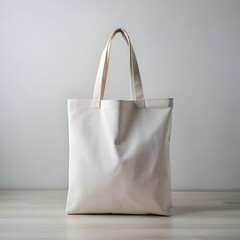 Blank white canvas tote bag mockup on wooden table.