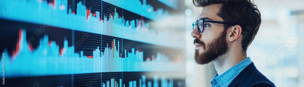 Poster a focused man analyzing digital data on a large monitor in a modern office environment.