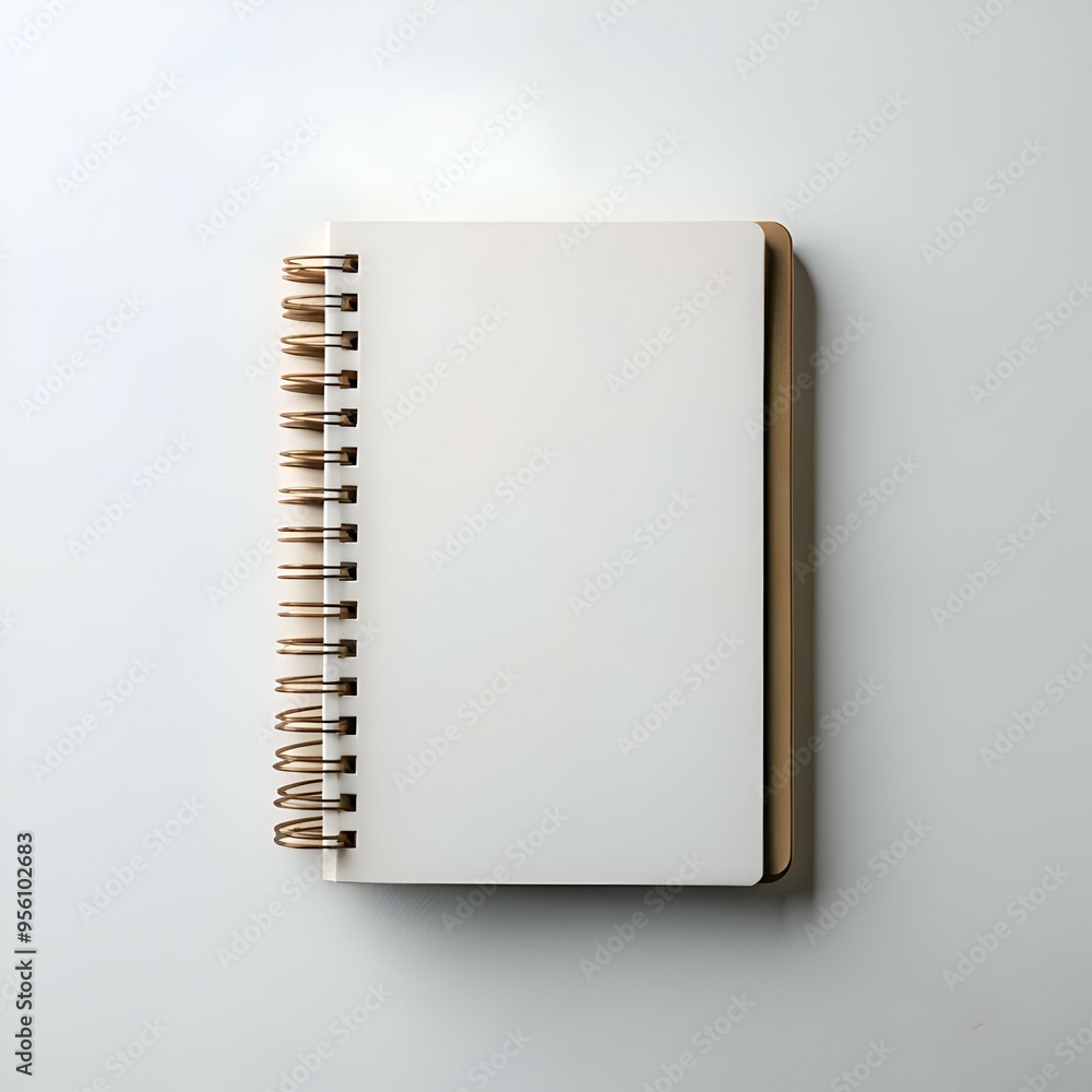 Poster a blank. white. spiral bound notebook lays open on a clean. white background. perfect for showcasing