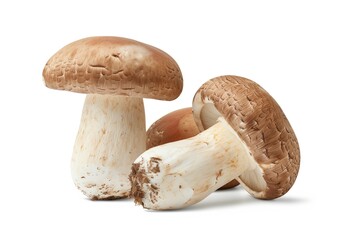 Raw edible mushrooms isolated on white background. Three forest mushrooms. An ingredient for a soup