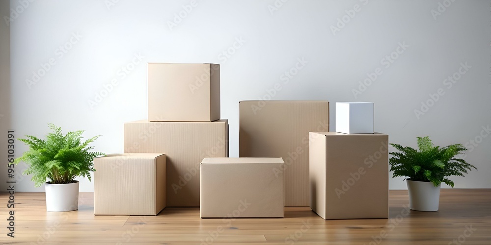 Poster a minimalist still life featuring a stack of cardboard boxes on a wooden floor. with two potted fern