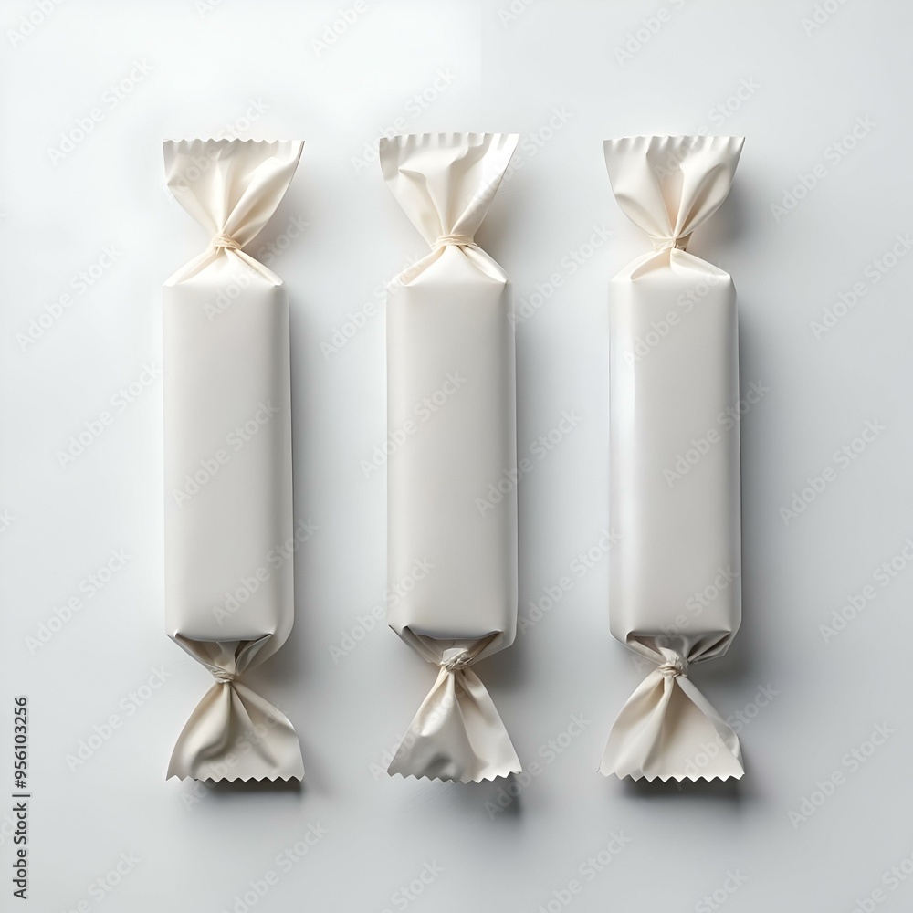 Poster three blank. white. candy style wrappers with a simple. elegant design.