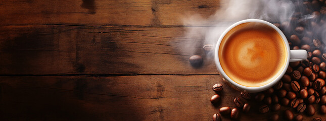 Cup of steaming coffee and scattered coffee beans on wooden table. AI generation.