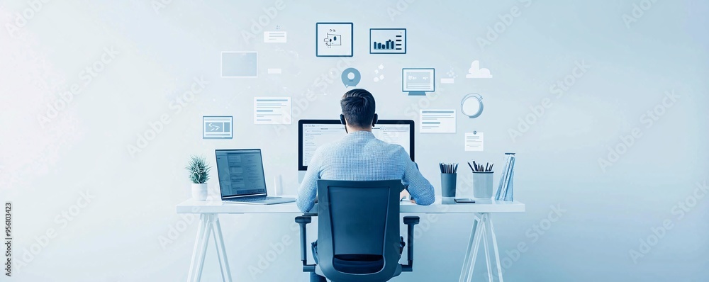 Poster virtual team collaborating on website development via a video call, remote work environment, modern 