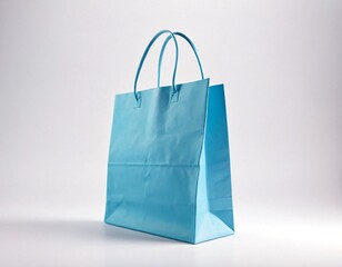 Blue paper gift bag close-up on a white background. Isolated. Copy space. Ai generated images