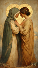 Naklejka premium painting of the Visitation depicting the biblical scene in which a pregnant Mary welcomes a pregnant Elizabeth. AI generative.