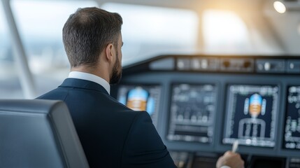 A pilot in a suit sits in the cockpit of an airplane, focused on the controls.