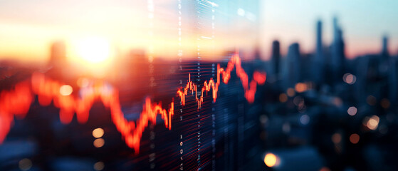 Digital display showing falling interest rates with a cityscape in the background, economic outlook