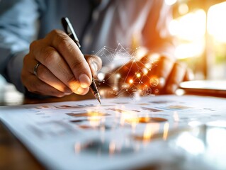 Entrepreneur reviewing a detailed business plan with graphs and charts, business strategy in focus