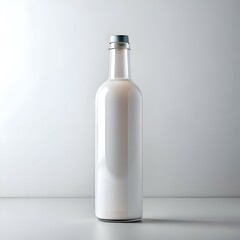 A clean. white. glass bottle with a silver lid sits on a white tabletop. ready to be filled with your product or design.