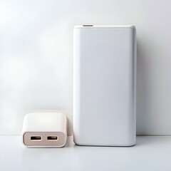 A white power bank and a charging adapter. both in a minimalist style. sit on a white surface.
