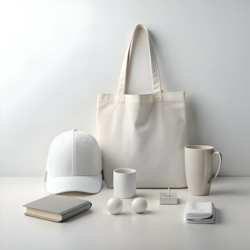 A minimalist mockup featuring a white tote bag. cap. mug. notebook. eggs. and a small. white object.