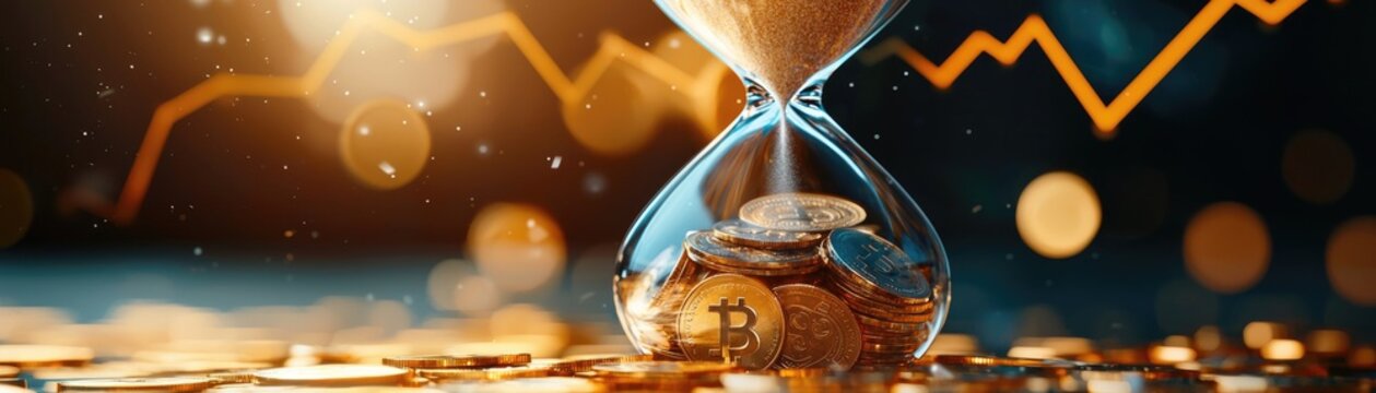 Hourglass with falling coins and a descending interest rate line, time and money metaphor