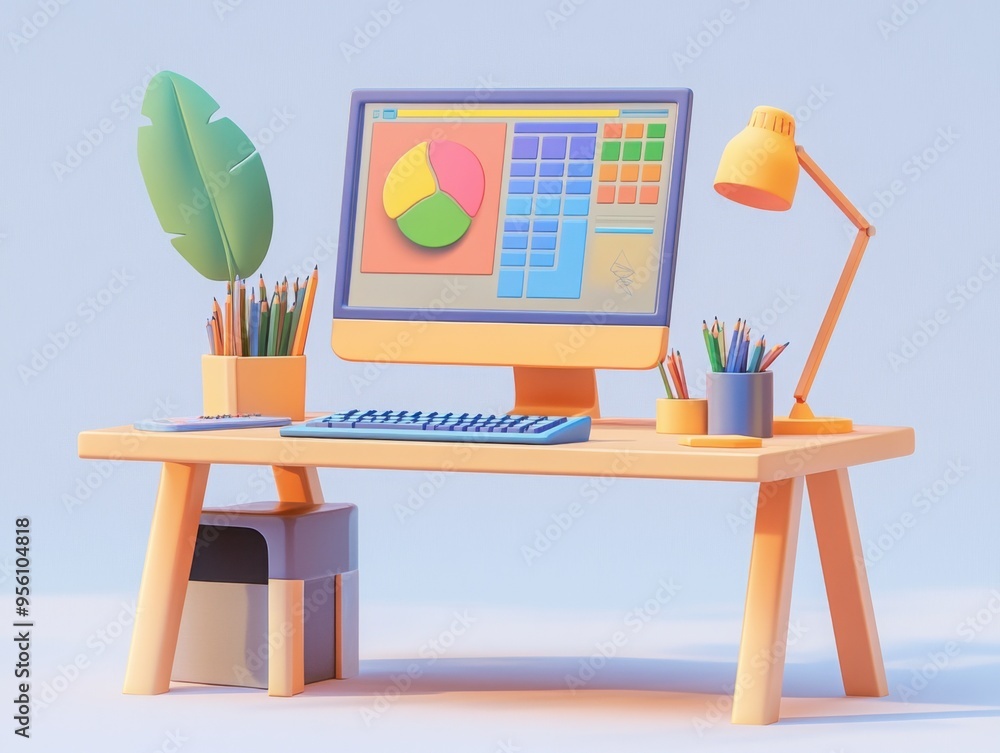 Poster 3d illustration of a modern graphic designer's desk with a computer displaying colorful digital art 
