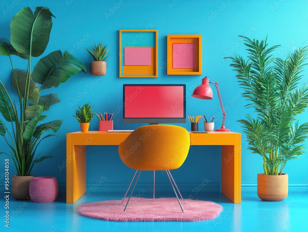 Poster 3d illustration of a modern graphic designer's desk with a computer displaying colorful digital art 