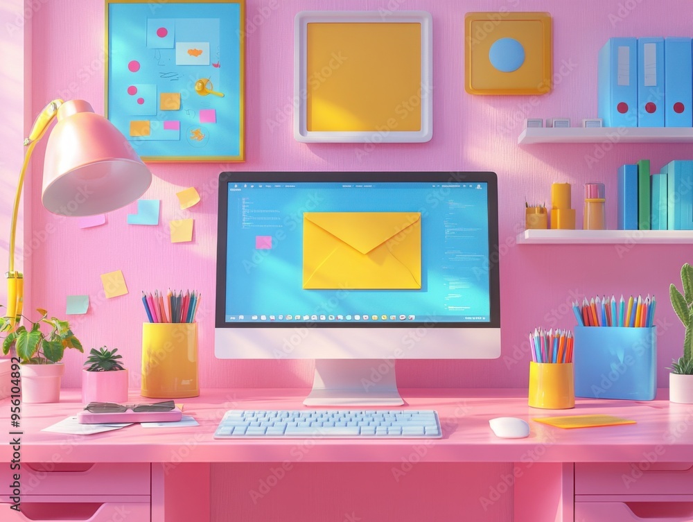 Poster 3d illustration of a modern graphic designer's desk with a computer displaying colorful digital art 