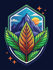 Mountain Landscape with a Central Leaf and Surrounding Leaves