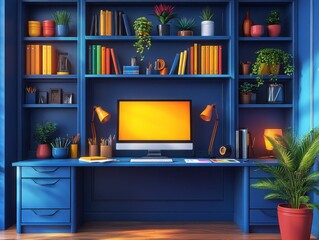 3D illustration of a modern graphic designer's desk with computer, neon lighting