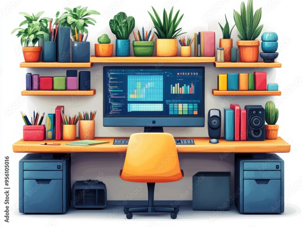 Poster 3d illustration of a modern graphic designer's desk with a computer displaying colorful digital art 