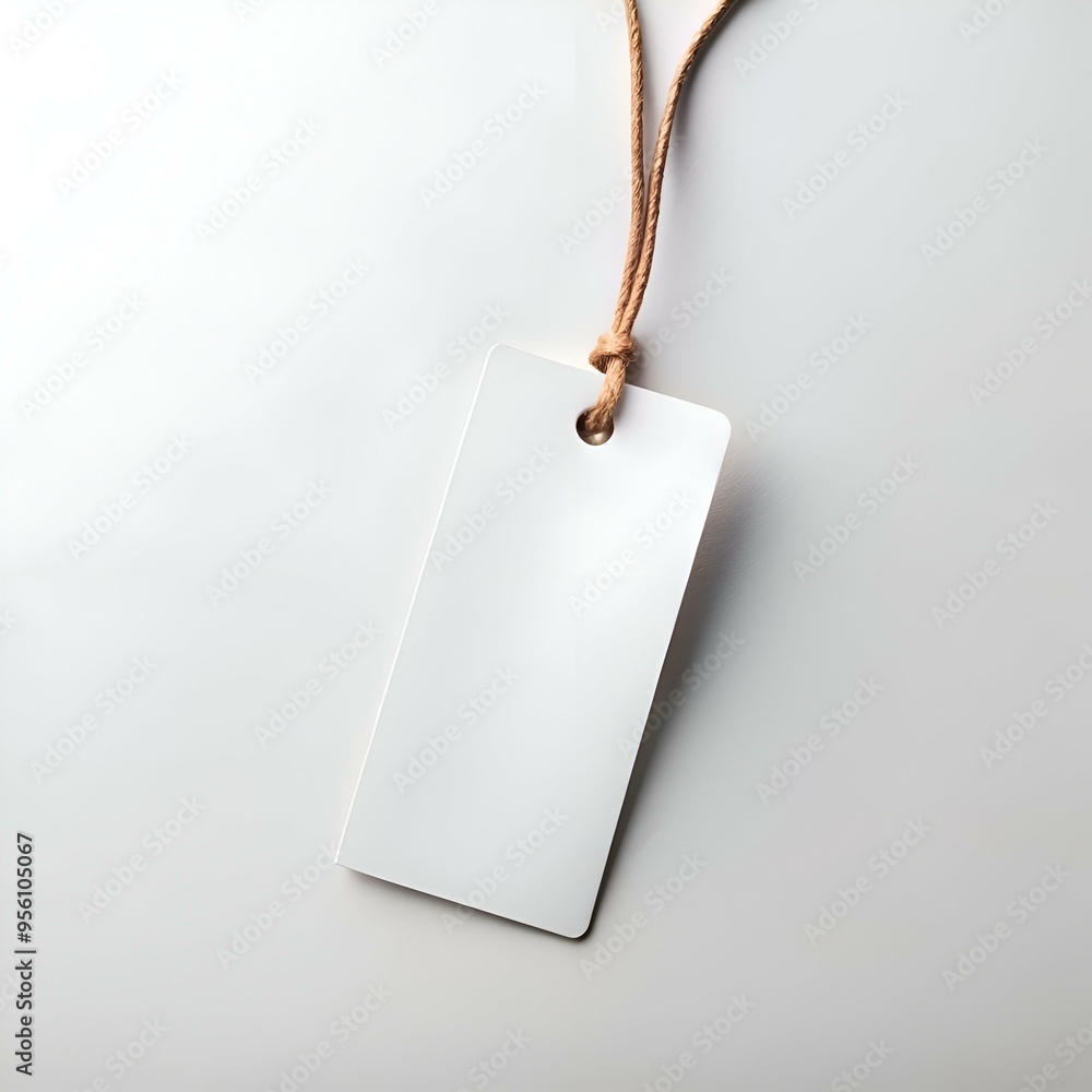Poster blank white tag with string mockup isolated on white background.