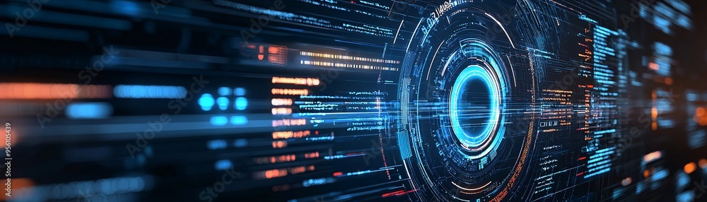 Poster futuristic holographic interface showing website analytics, data-driven web design, advanced tech in