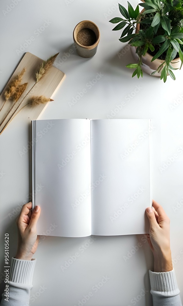 Poster a clean and minimalist mockup of an open magazine with blank pages. perfect for showcasing your desi