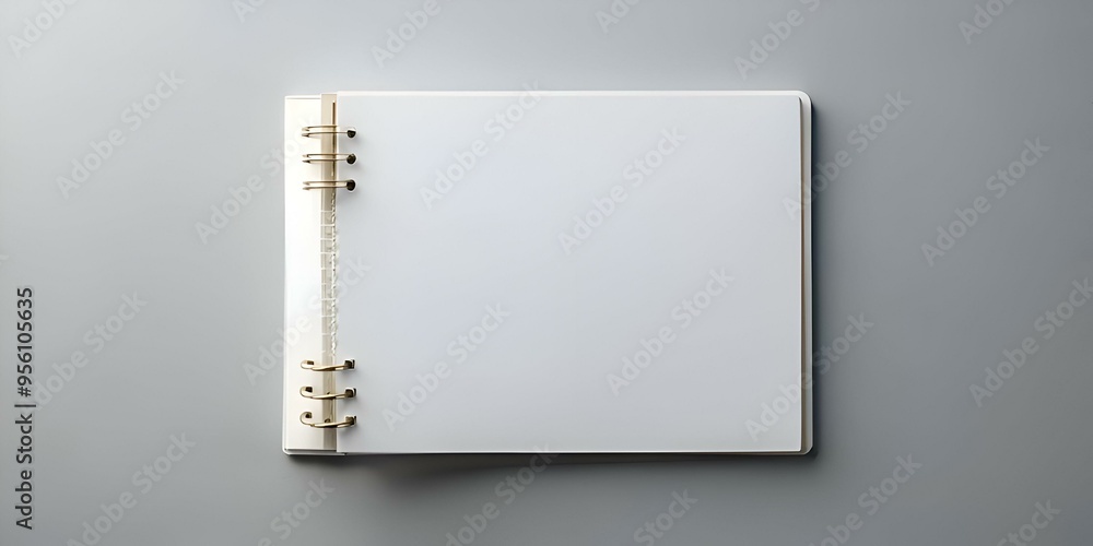 Poster clean and minimalist. this mockup features a blank white binder with a gold coil binding.