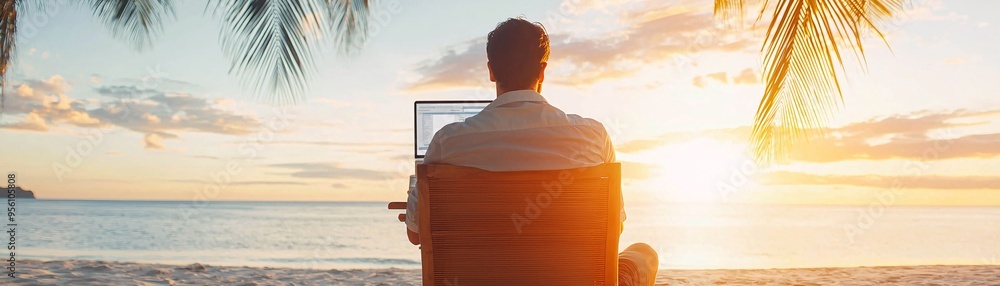 Poster digital nomad working on website development at a beach, remote work lifestyle, web developer s free