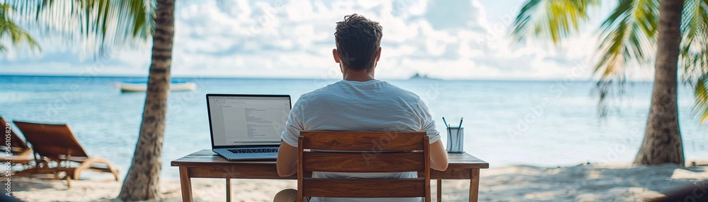 Poster digital nomad working on website development at a beach, remote work lifestyle, web developer s free