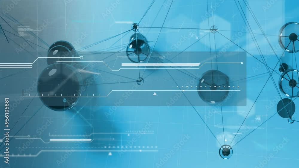 Poster network of connections and data processing animation over blue background with spheres