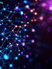A vibrant, abstract representation of interconnected nodes and particles, showcasing a digital network with glowing effects.
