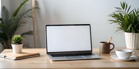 Clean and modern workspace mockup featuring a laptop with blank screen on a wooden desk.