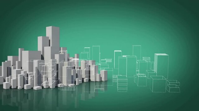 3D cityscape model with wireframe buildings animation on green background