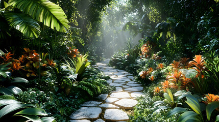 Fototapeta premium Stone Path Through Lush Tropical Jungle with Sunbeams