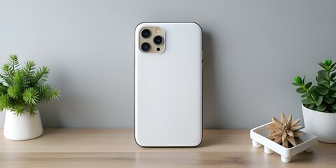 A white smartphone with a triple lens camera lies on a wooden table.