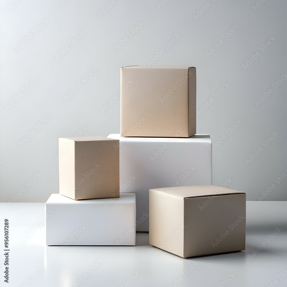 Poster minimalist product display with three brown cardboard boxes and two white platforms. perfect for sho