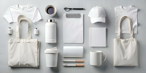 A clean and modern mockup showcasing a variety of white promotional merchandise items.