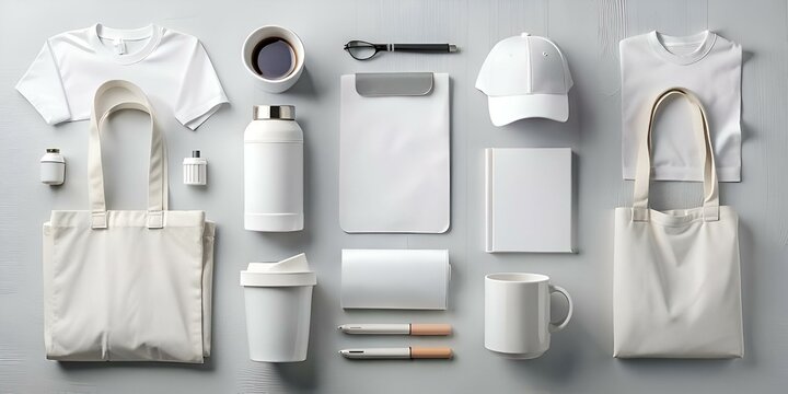 A clean and modern mockup showcasing a variety of white promotional merchandise items.