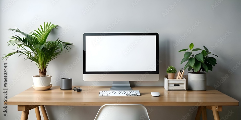 Poster clean and modern desktop mockup featuring a blank computer screen. keyboard. mouse. and minimalist d