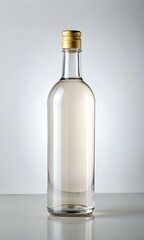 A clear glass bottle with a golden cap. perfect for showcasing your brand's unique liquid product.