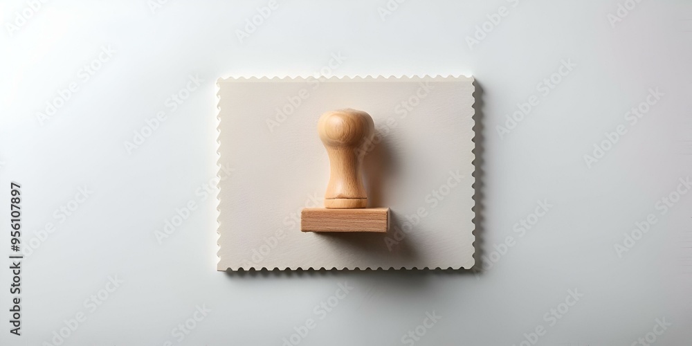 Poster a simple yet elegant image featuring a wooden stamp on a white background. perfect for adding a touc