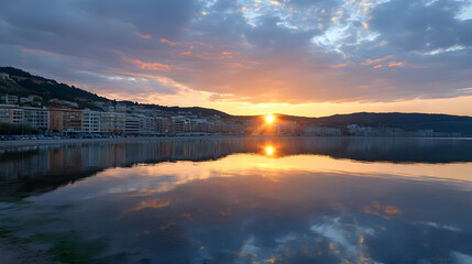 Sunset over Coastal City with Reflections in Calm Water