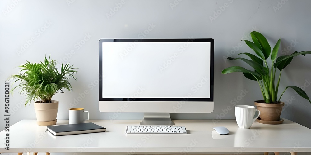 Poster clean and minimalist workspace with a blank computer screen. keyboard. mouse. and two potted plants.