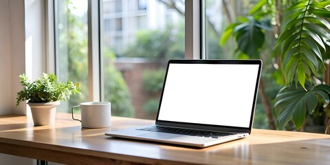 Fototapeta premium A clean. modern laptop with a blank screen sits on a wooden desk near a window with a view of green foliage.