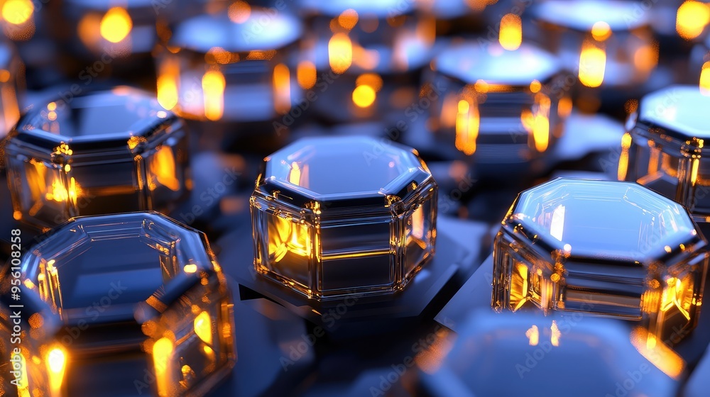 Poster a 3d render of rotating glass hexagons with luminous centers, creating a dynamic, abstract flow of l
