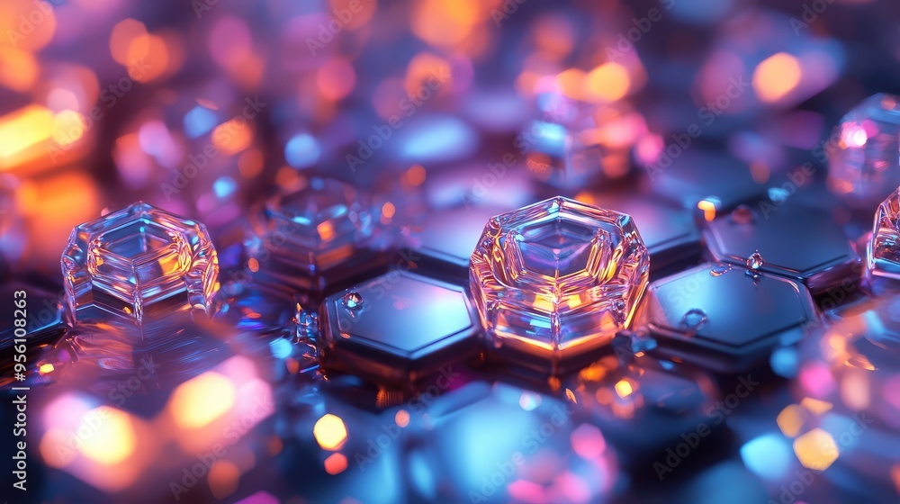 Poster a 3d render of rotating glass hexagons with luminous centers, creating a dynamic, abstract flow of l