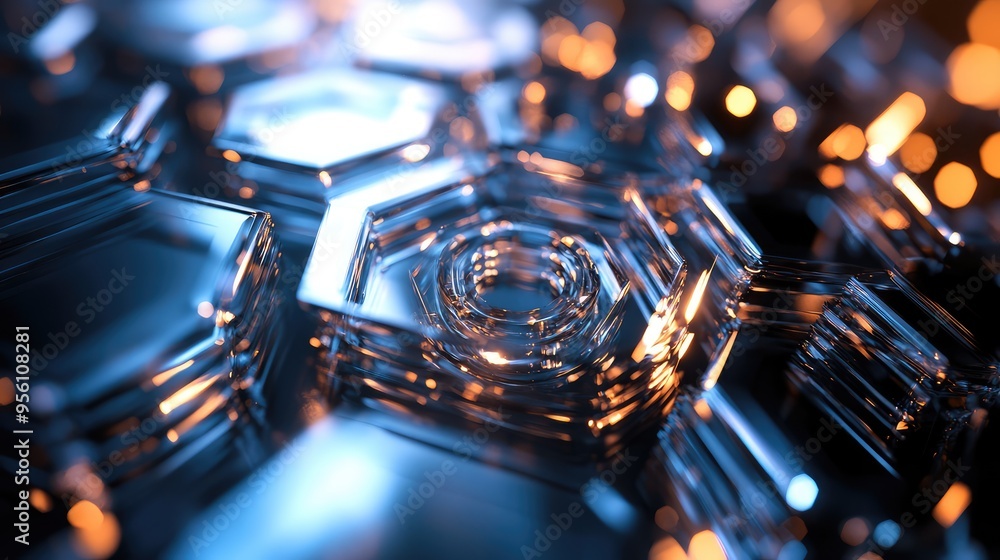 Poster a 3d render of rotating glass hexagons with luminous centers, creating a dynamic, abstract flow of l
